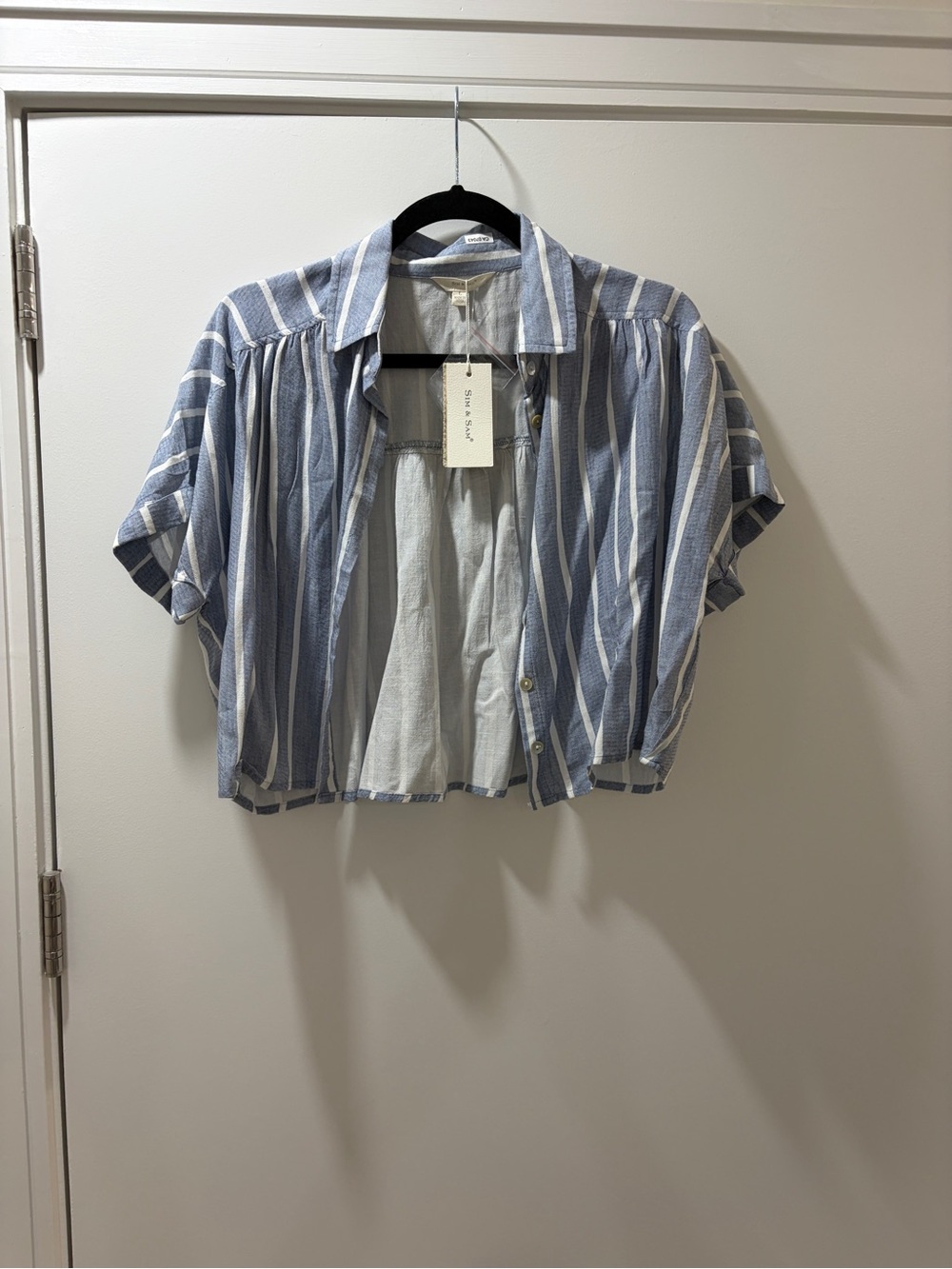 Striped Short-Sleeve Button-Front Blouse in Blue & White